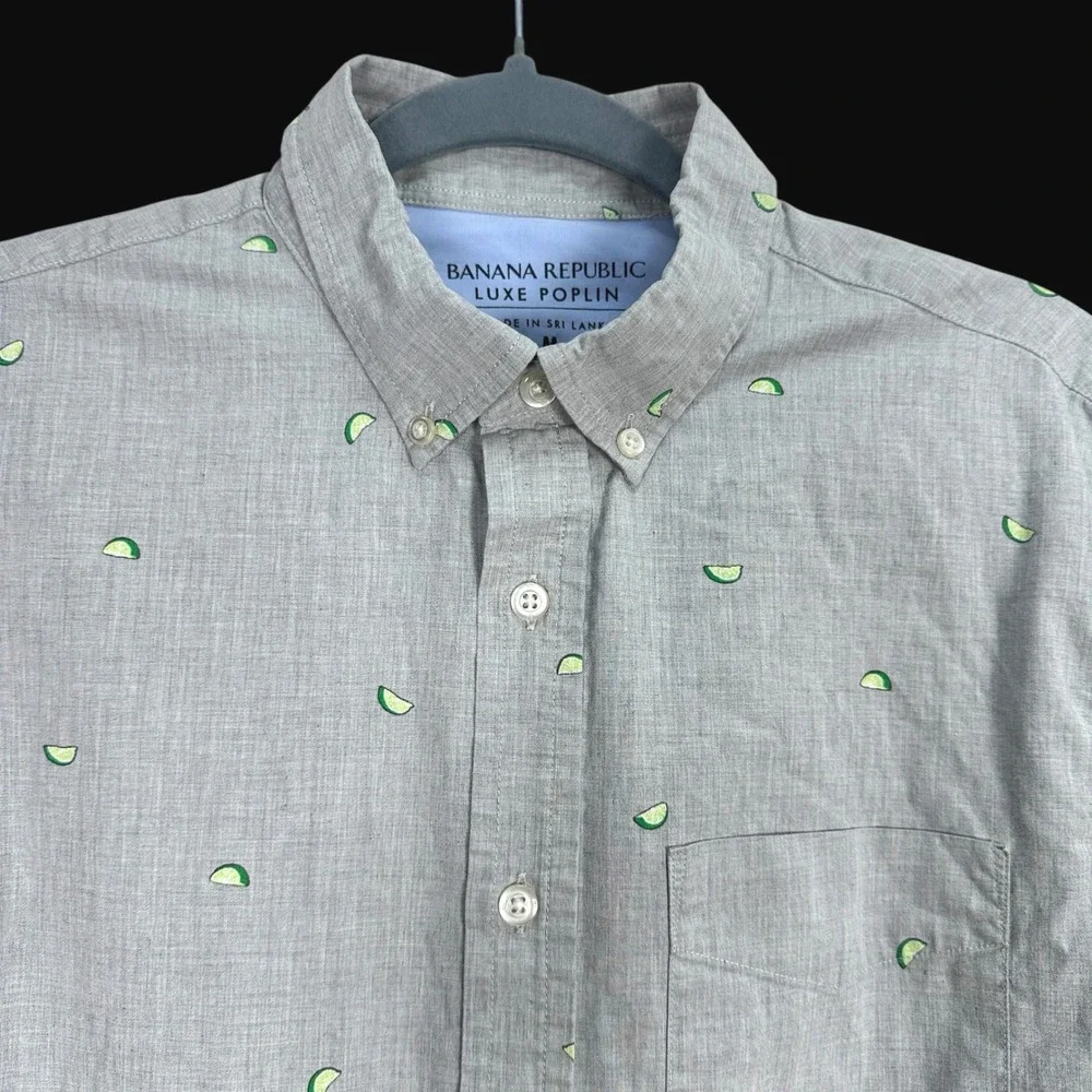 Banana Republic Mens Luxe Poplin Shirt Grey‎ Lime Slice Print Slim Fit Medium